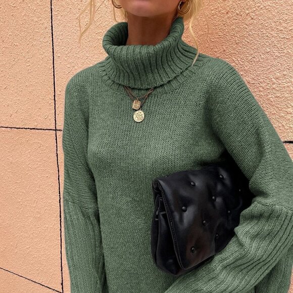 Mint Green Casual womens High Neck Batwing Sleeve Sweater - Picture 5 of 5